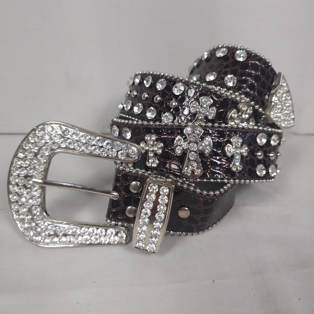 Studded Rhinestone Belt Women Size 34 35 36 Brown Faux Crocodile Leather